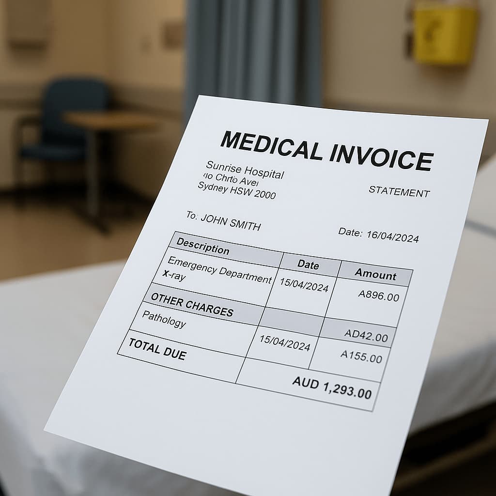 澳大利亚医院开立的英文医疗账单(Medical Invoice),列出急诊与检查费用