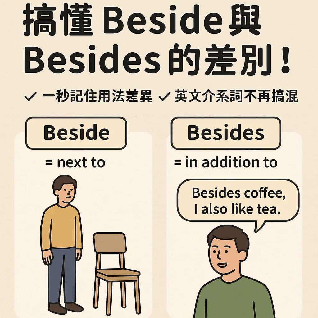 Beside 与 Besides 图解:beside 是在旁边(next to),besides 是除此之外(in addition to)