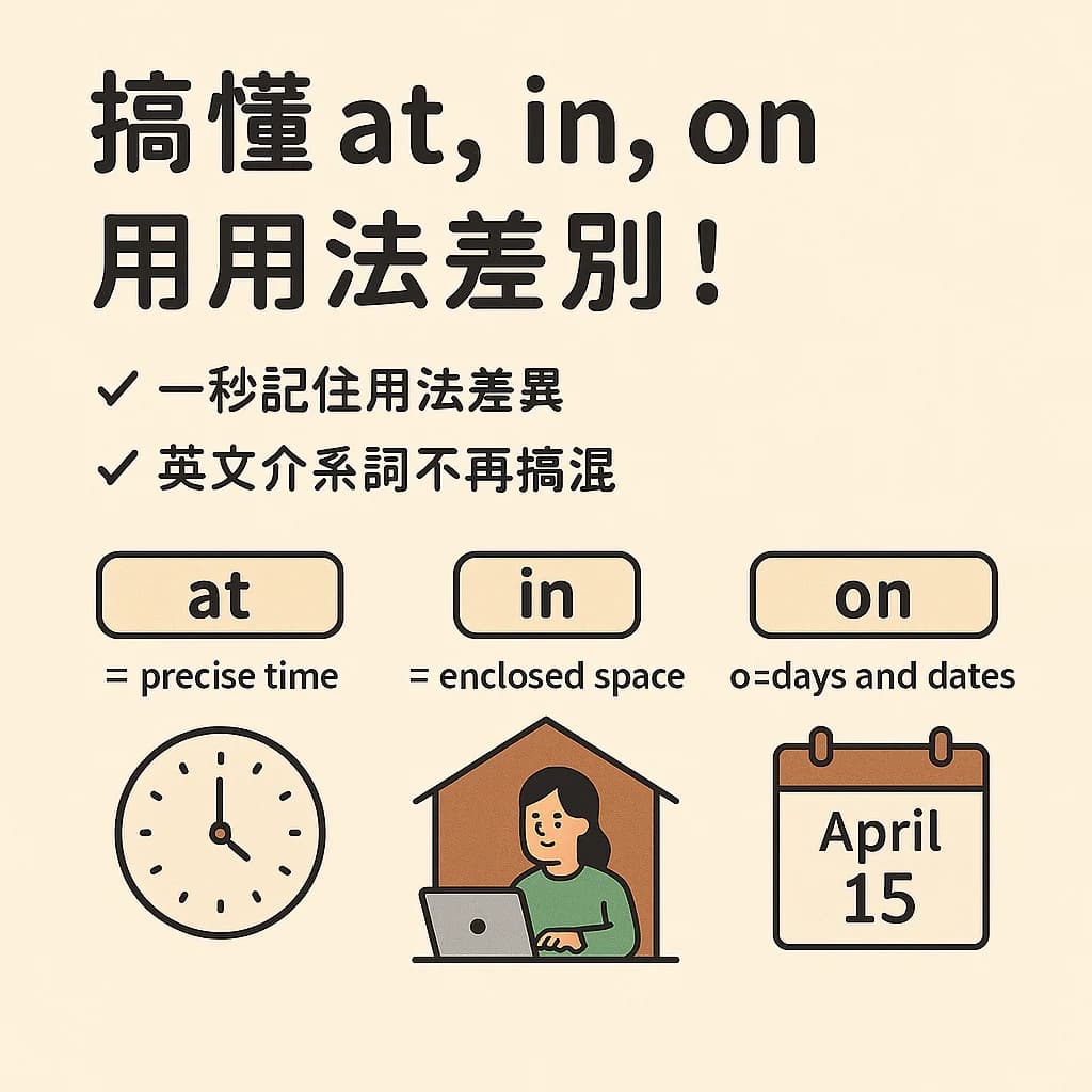 一张教学图解说明英文三个介系词 at、in、on 的用法差异。标题为「搞懂 at, in, on 用法差别!」,下方有三个区块: at = precise time(精确时间),搭配时钟插图 in = enclosed space(封闭空间),搭配人在屋内使用电脑插图 on = days and dates(日期与星期),搭配月历图标写着 April 15。 图片以米白背景与简约插画风呈现,帮助学习者清楚区分用法。