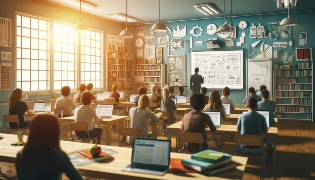 学生在教室用笔电上课,老师在前方讲解