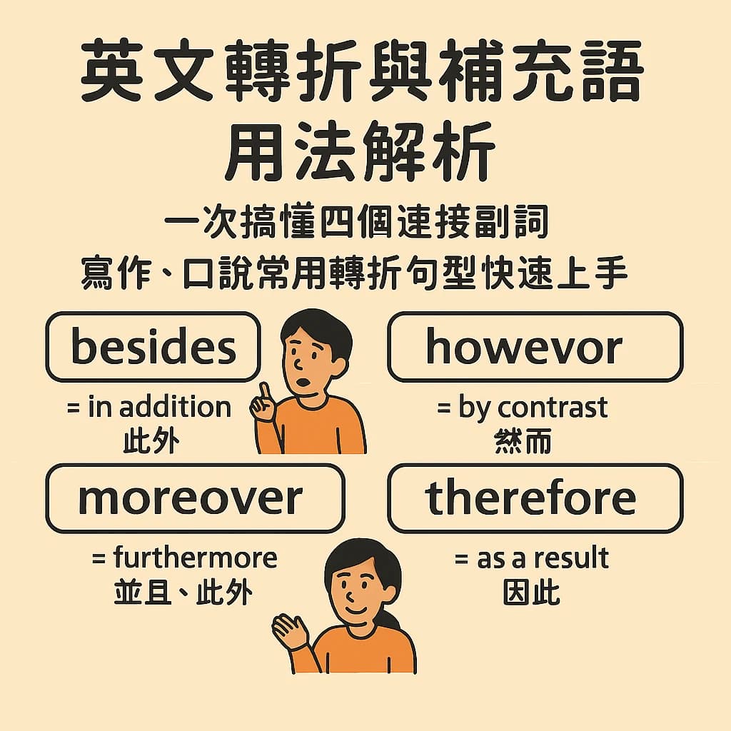 一张英文连接副词教学图,说明 besides(此外)、however(然而)、moreover(而且)与 therefore(因此)四个常用转折语的用法。图中以四个区块分别呈现单词
