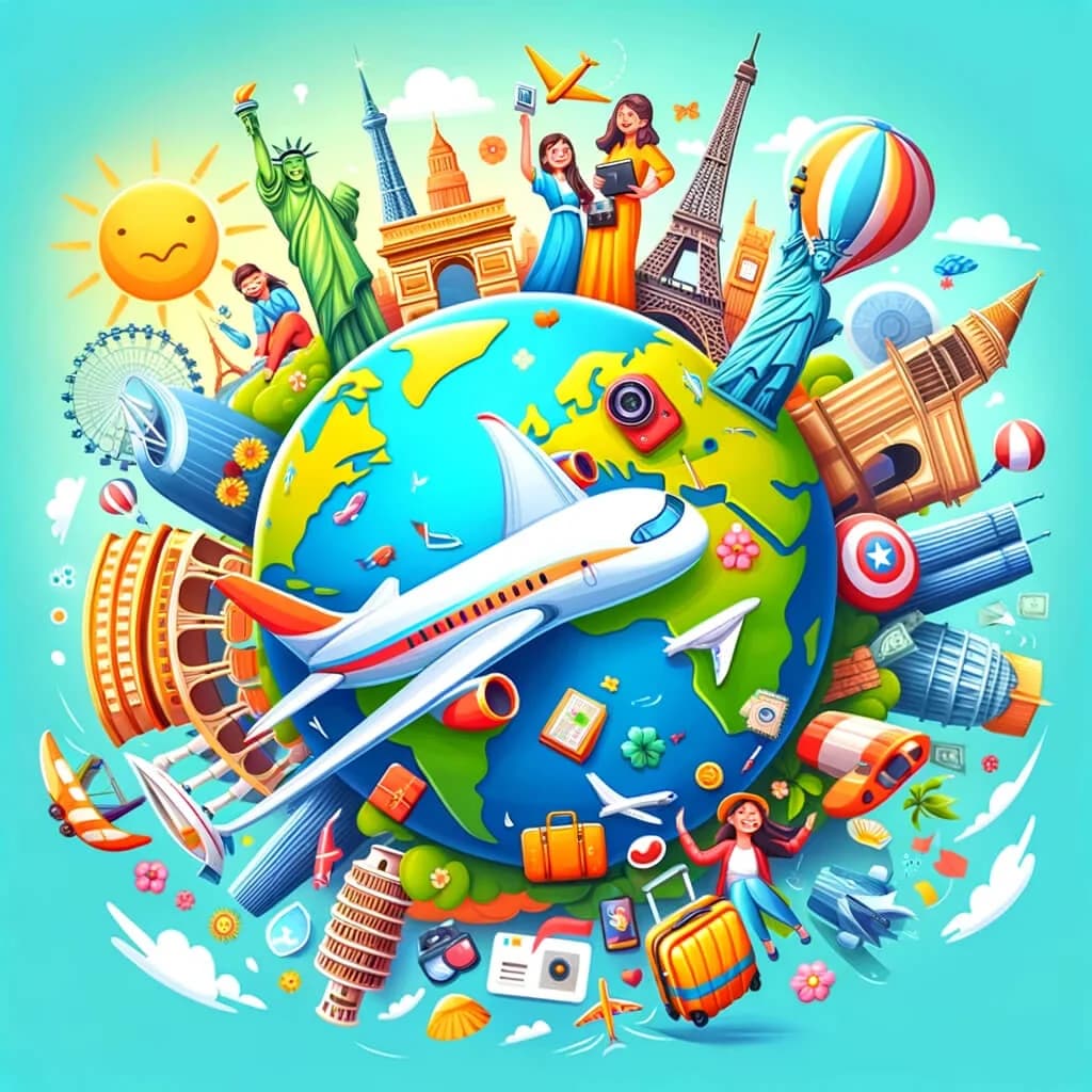 地球、飞机与世界各地地标组成的旅行主题插画