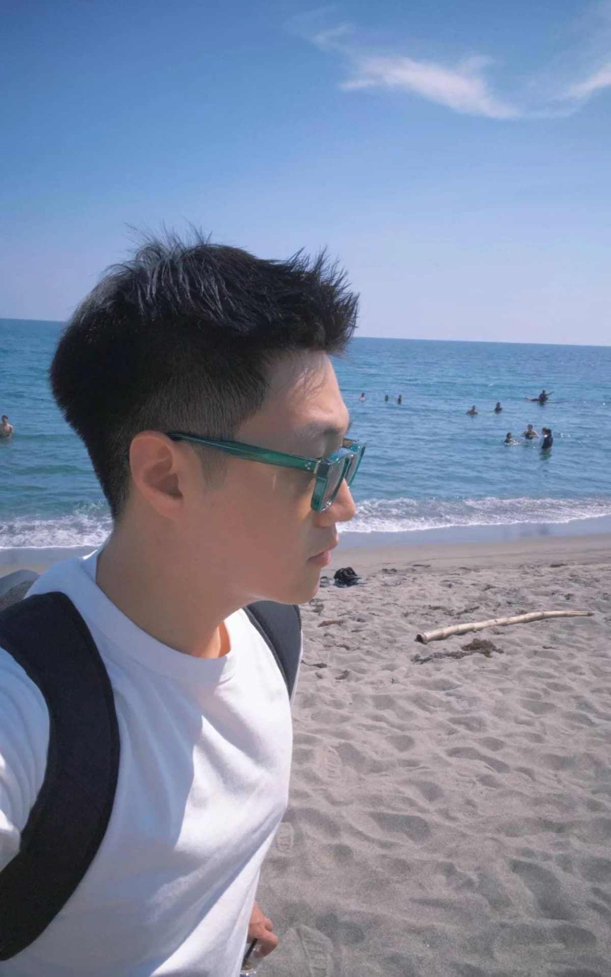 Leo Liu 戴著綠框墨鏡在海灘自拍,背後是藍天與大海