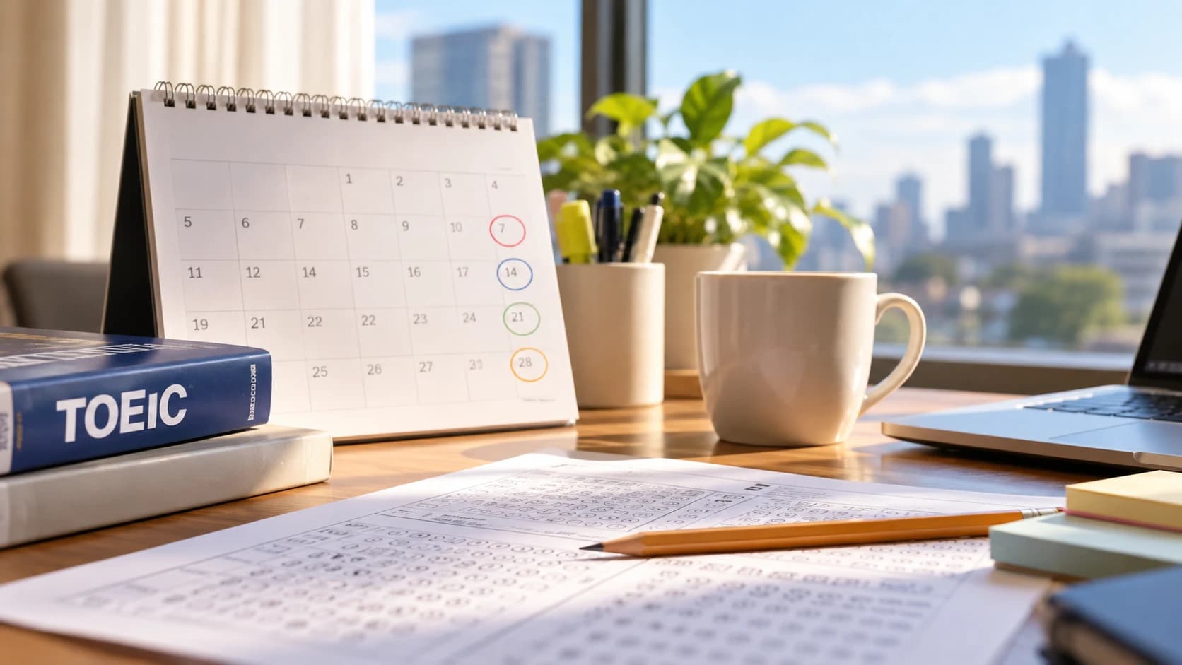2027 多益考試日期總整理:書桌上的桌曆圈出考試日期,旁邊是 TOEIC 參考書、答案卡與鉛筆