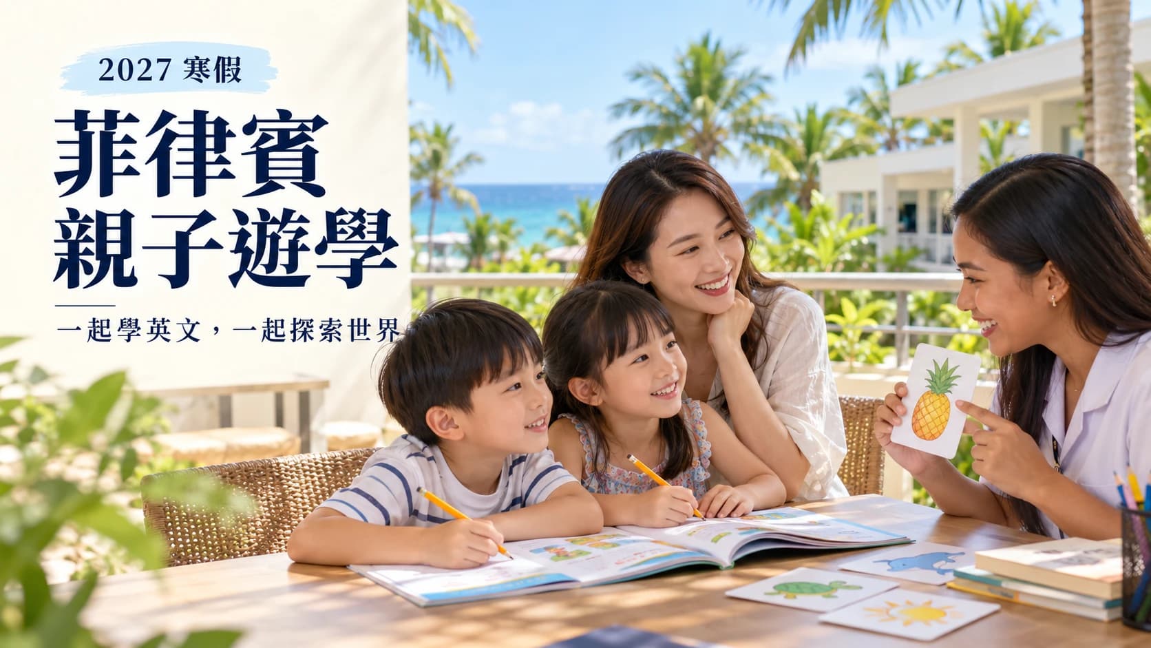 2027 寒假菲律賓親子遊學:媽媽陪兩個孩子在海島校園露台跟老師用單字卡學英文