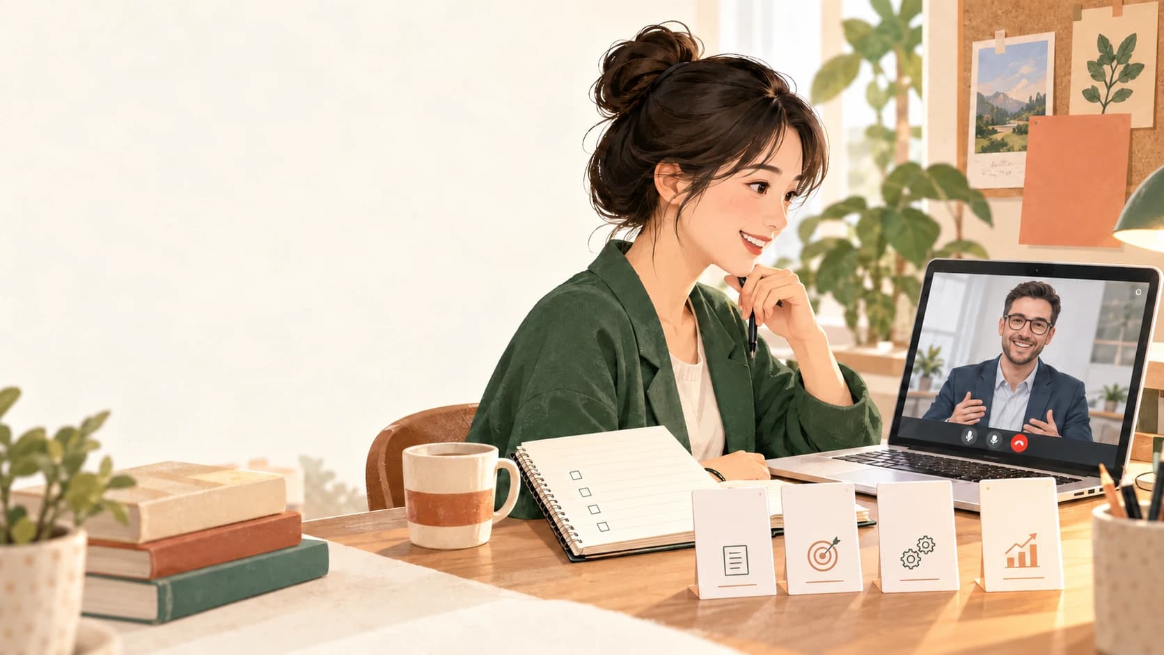 영어 면접에서 자주 나오는 질문과 준비: 노트북 앞에서 온라인 영어 면접을 보는 젊은 여성과, 책상 위에 놓인 STAR 기법 힌트 카드