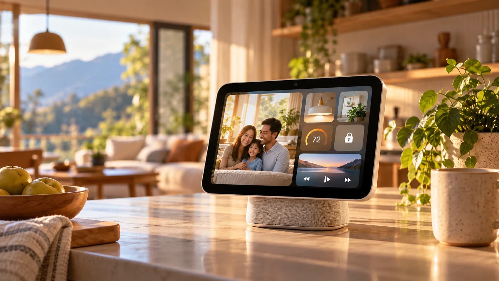 Apple HomeView 新聞英文:陽光灑落的廚房流理台上,一台智慧螢幕顯示家人視訊、室溫、門鎖與音樂播放畫面
