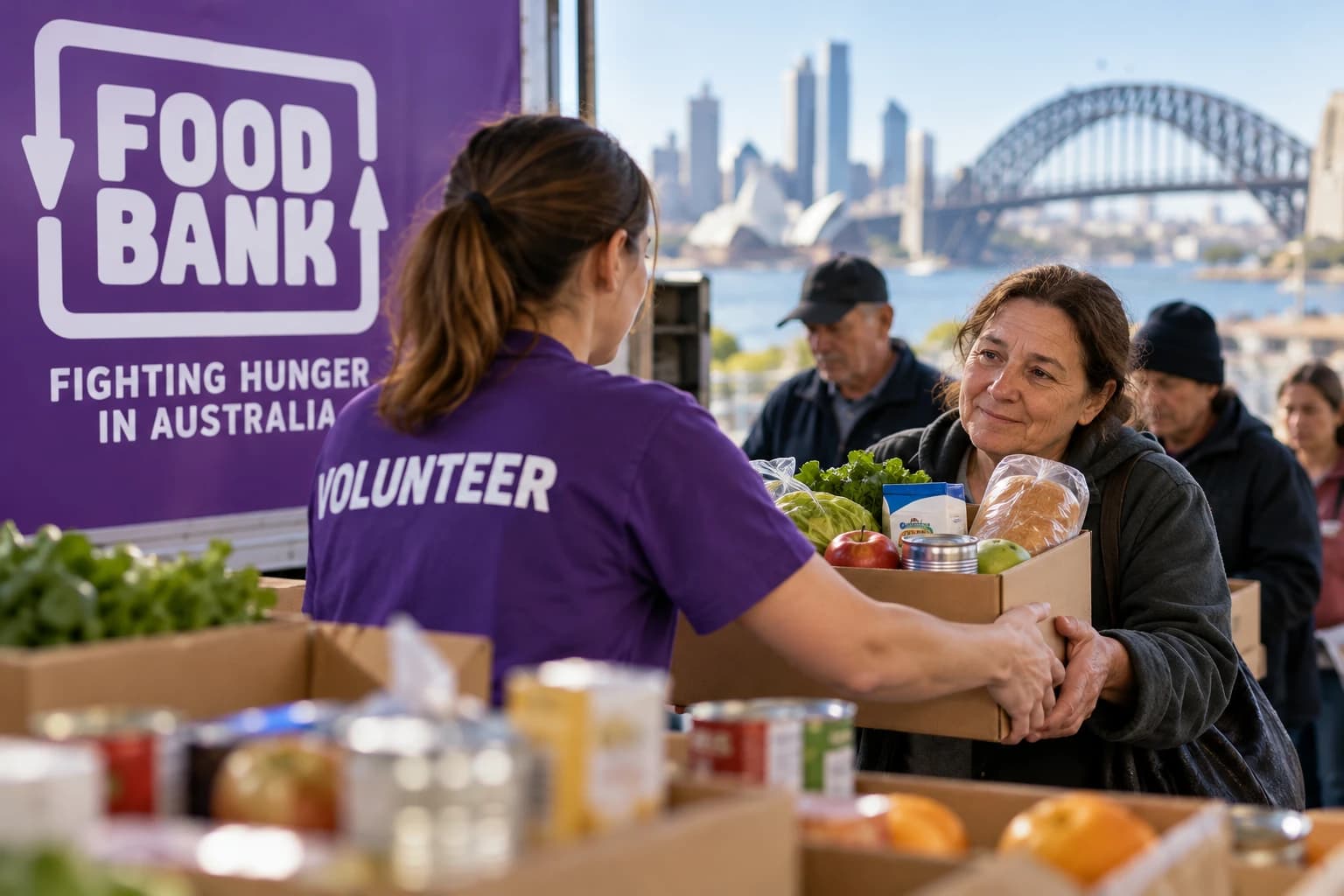 Hình minh họa tình nguyện viên Foodbank trao thùng thực phẩm bên cảng Sydney