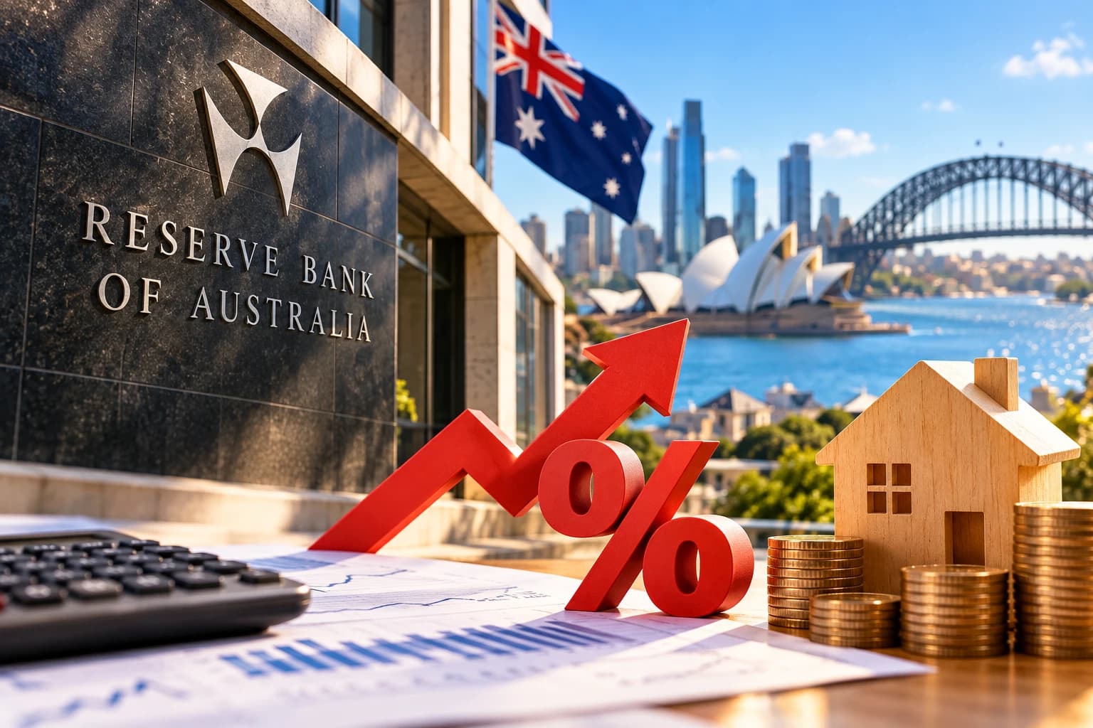 Illustration of the Reserve Bank of Australia with a rising interest rate arrow and a model house