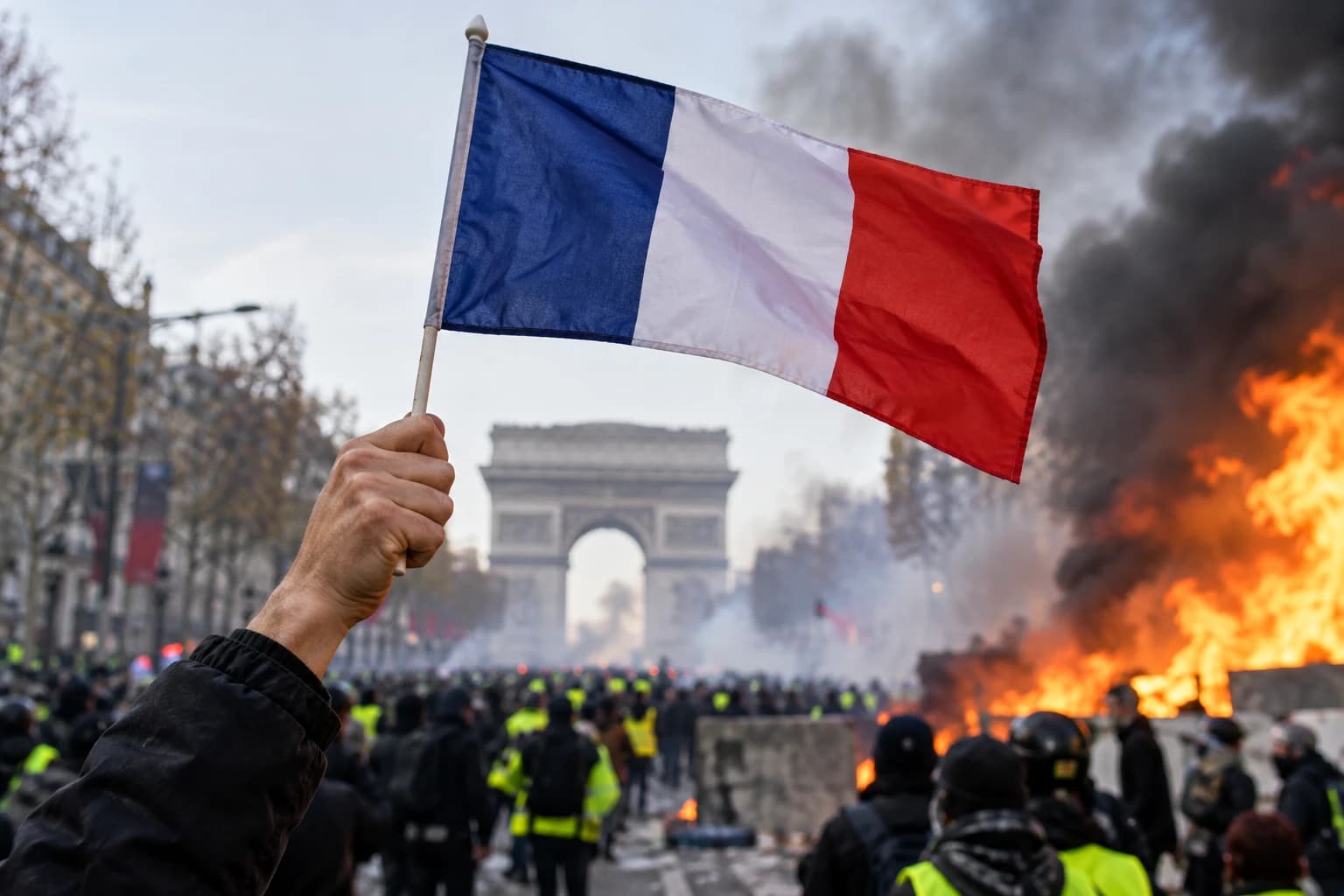 Illustration of news English about the France protests: people raise a French flag in front of the Arc de Triomphe in Paris, with crowds in the street and a burning barricade sending up thick smoke