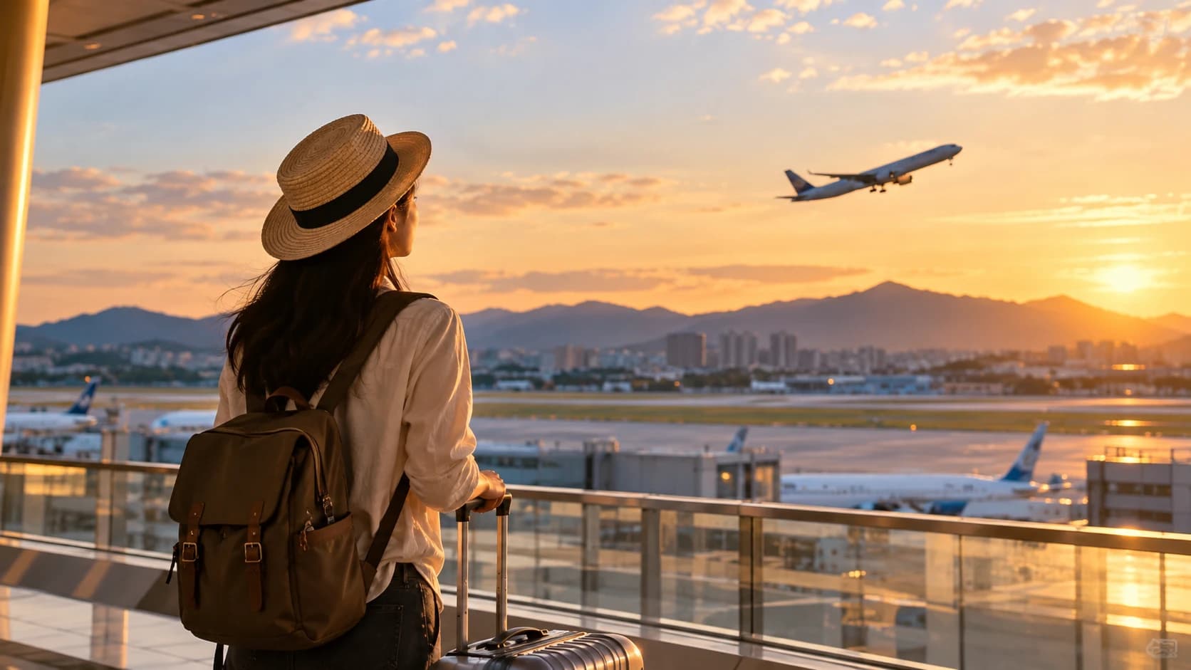 菲律賓觀光新聞英文:戴草帽、背後背包的旅客在機場航廈看著夕陽下起飛的飛機