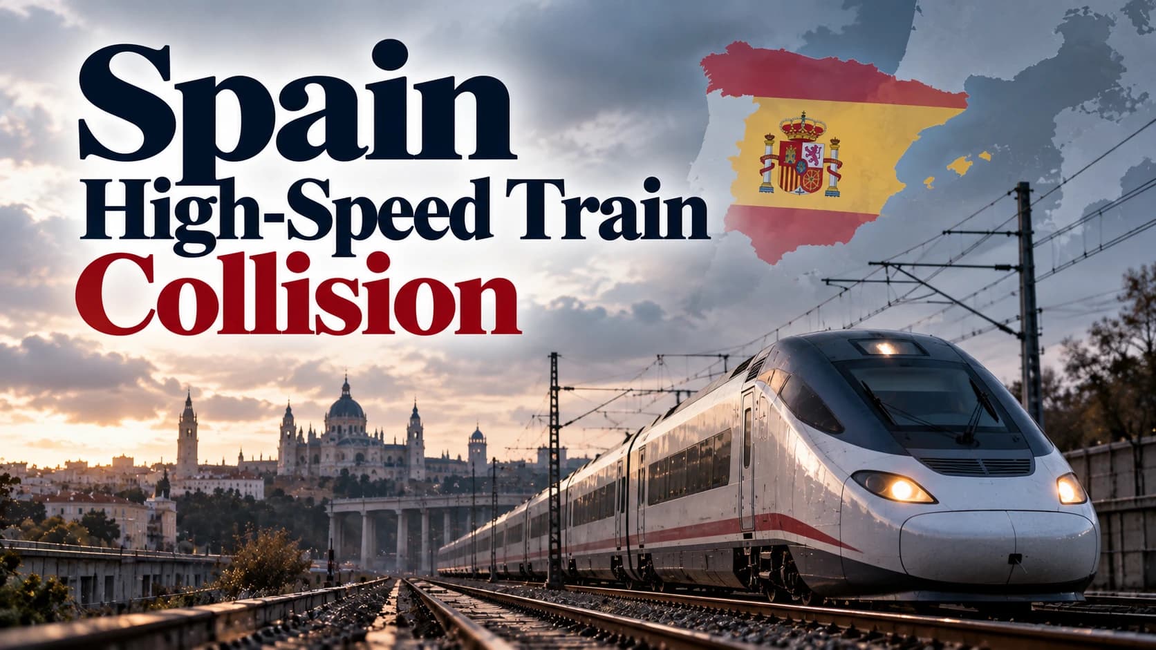 High-speed train collision in Spain (illustration): a high-speed train on the tracks under a cloudy sky, with a Spanish city skyline and a map of Spain in the national flag