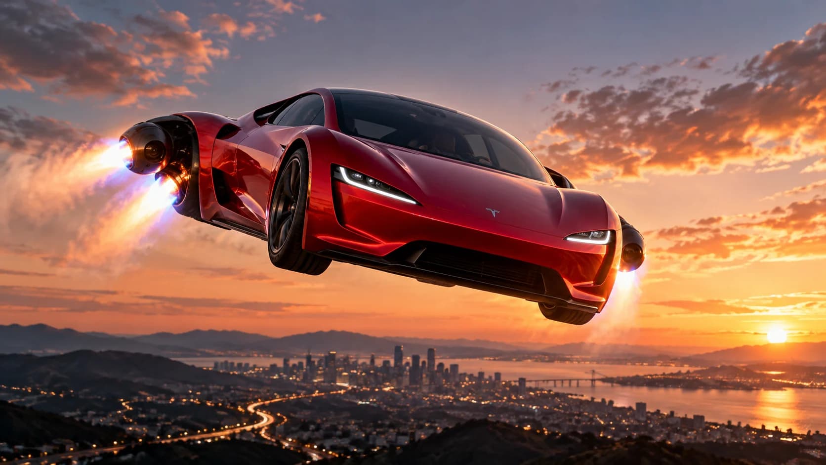 Tesla Roadster の飛行イメージイラスト:スラスターを噴射した赤いスポーツカーが、夕暮れの湾岸都市の上空を飛ぶ