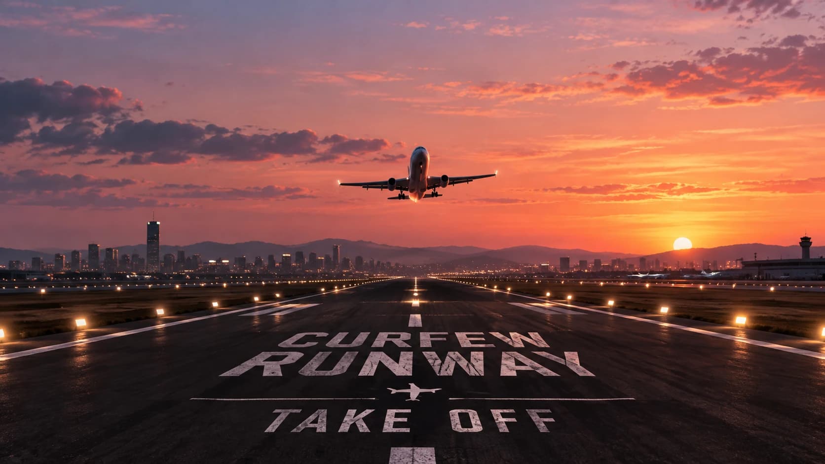 西雪梨國際機場開航英文示意圖:夕陽下客機從跑道起飛,跑道上印著 CURFEW、RUNWAY、TAKE OFF,遠方是城市天際線與塔台