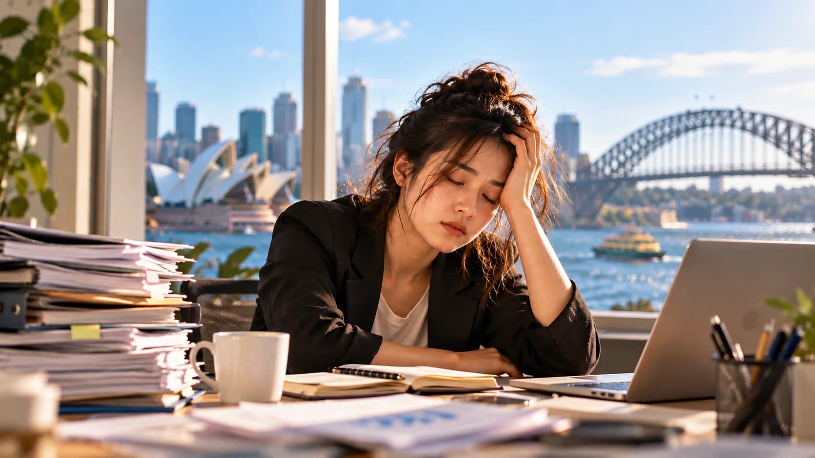 職業倦怠新聞英文示意圖:雪梨辦公室窗邊,上班族手扶額頭疲憊閉眼,桌上堆滿文件,窗外是雪梨歌劇院與港灣大橋
