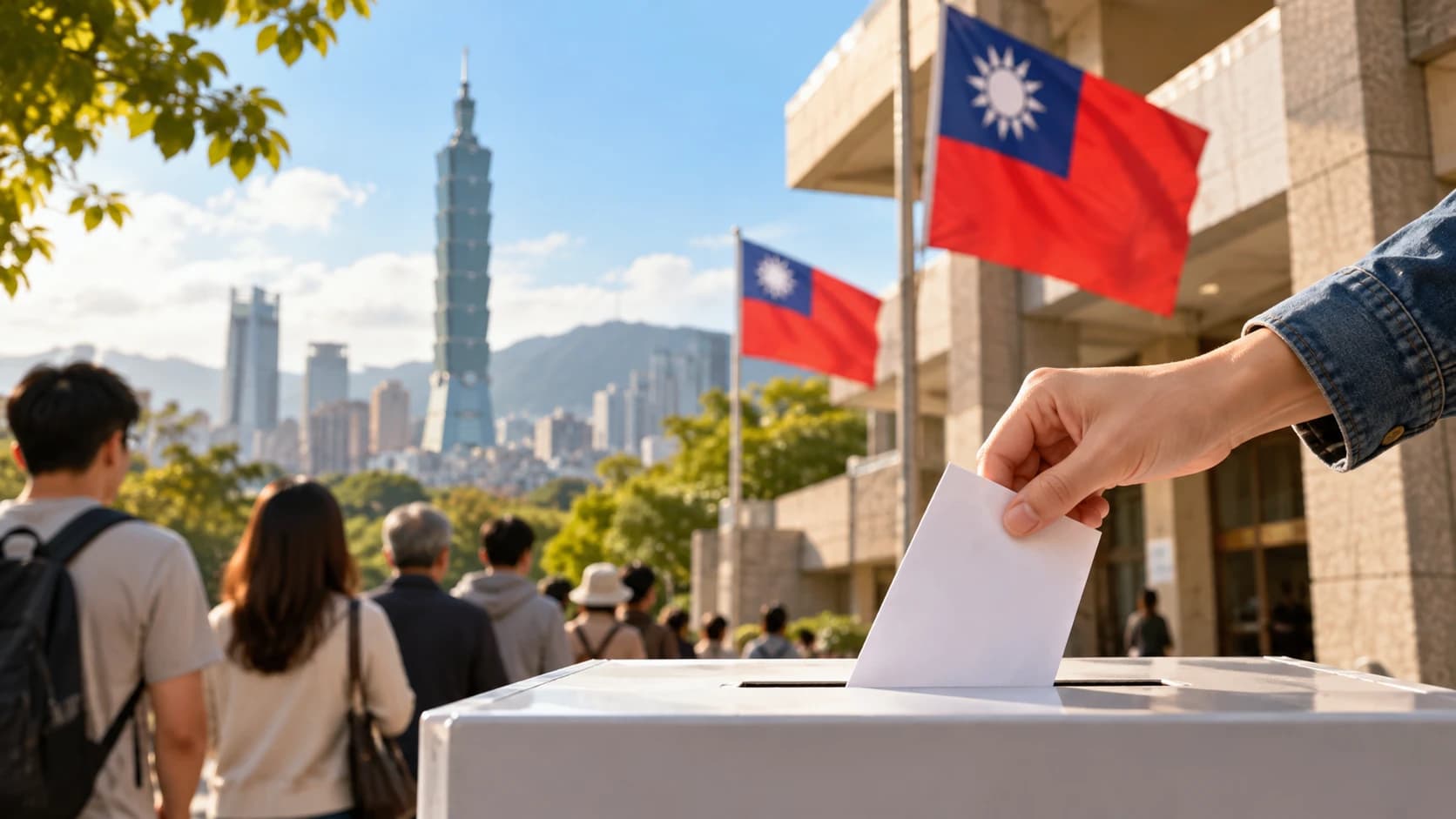選舉英文:台北 101 與國旗前,選民排隊走向投票所,一隻手將選票投入投票箱